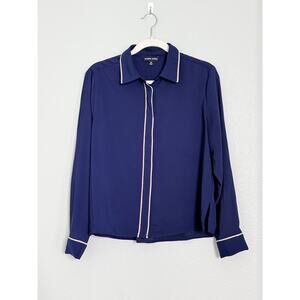 MODERN WORKS Navy Blue White Contrast Trim Collared Long Sleeve Button-Down S